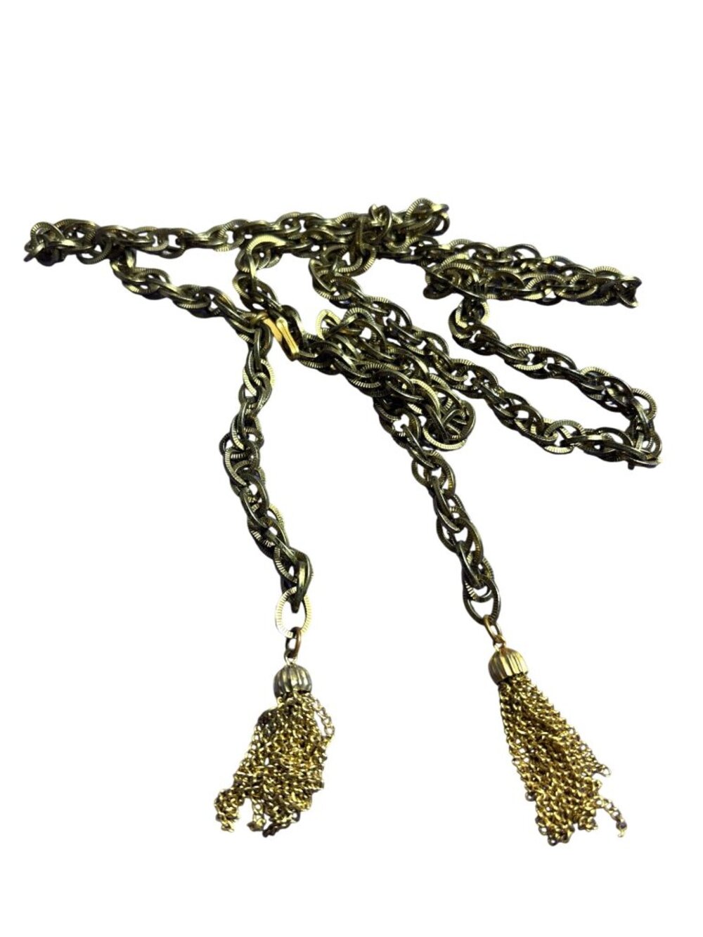Antiqued Goldtone Chunky Textured Chain Necklace Wrap Around Chain Tassels 44 in